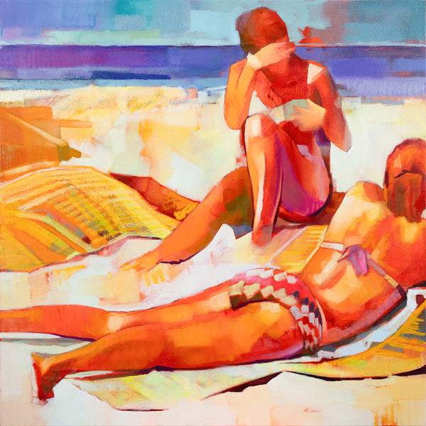 Colorful oil on a canvas original painting of two women sunbathing on a beach.