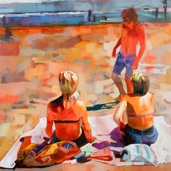 Colorful original oil painting of people on a beach