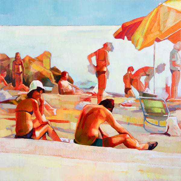 Colorful beach scene painting with people in swimsuits and umbrellas