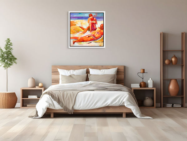 Colorful oil on a canvas original painting of two women sunbathing on a beach, bedroom setup