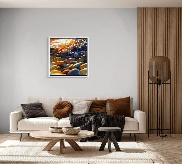 Pebbles abstract oil in canvas painting in a modern living room setup