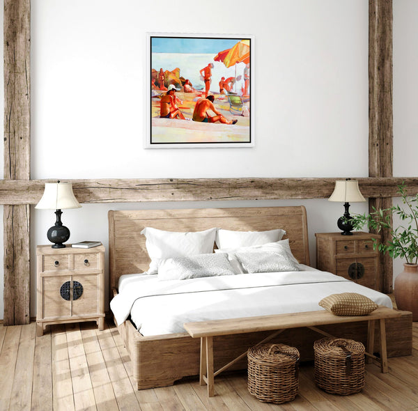 Bedroom with wooden bed and nightstands, featuring a beach scene painting on the wall.